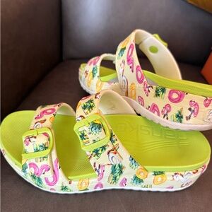 Dansko Kids Neon Lime Floral & Flamingo Print Sandals